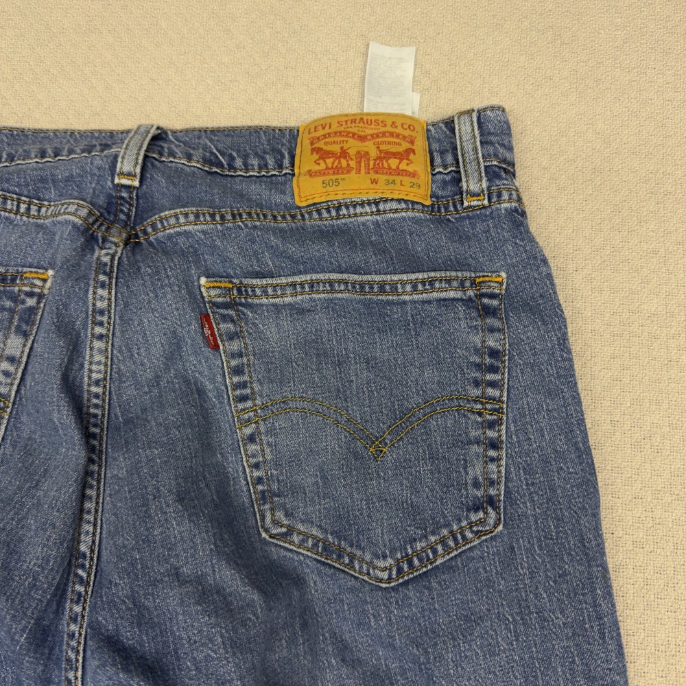 Levis 505 Jeans Mens 34x29 (Fits 34x24)‎ Blue Denim Regular Fit Hemmed Grunge - Picture 4 of 12